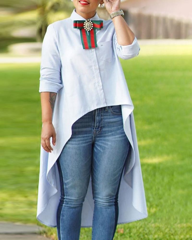 

Dip Hem Striped Ribbon Bowknot Shirt, Light blue