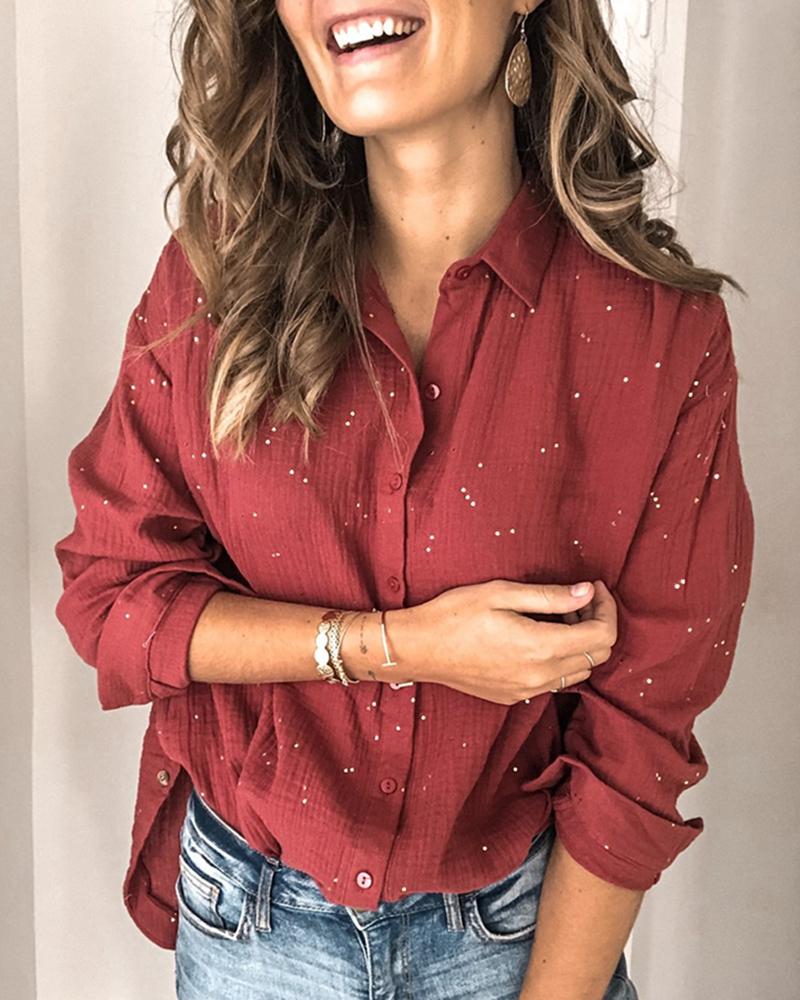 

Rinestone Long Sleeve Casual Shirt, Red