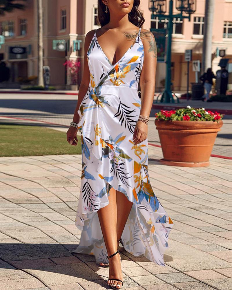 

Print Spaghetti Strap Ruffles Design Dip Hem Dress