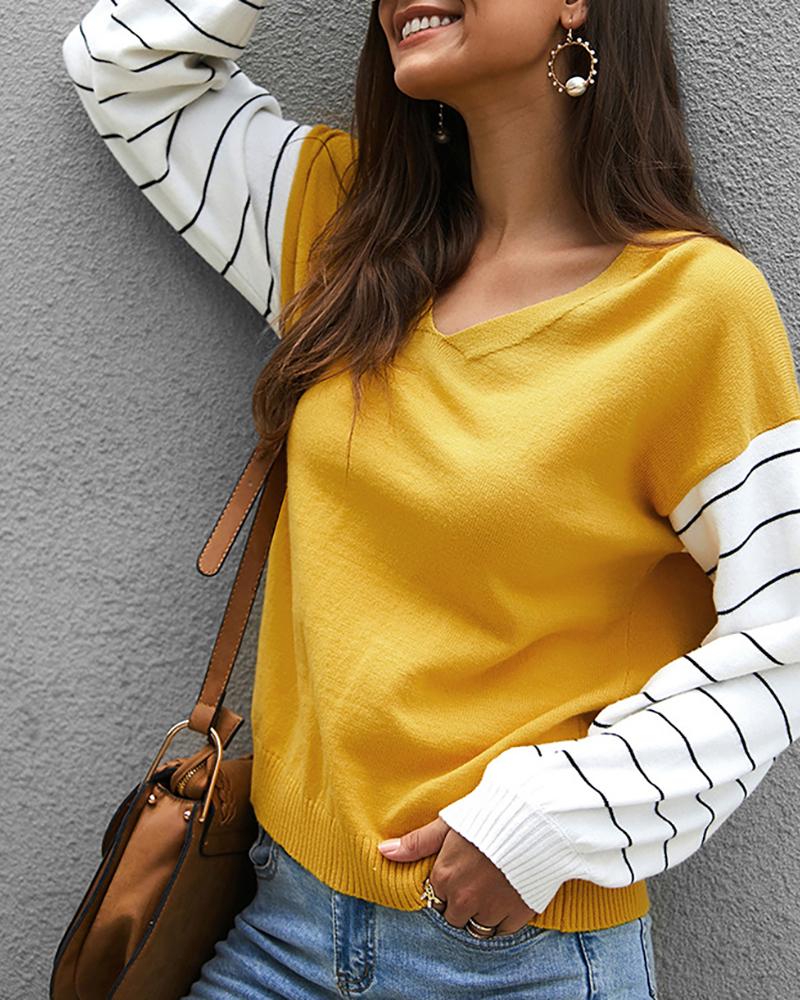 

Striped Colorblock Knit Casual Sweater, Yellow