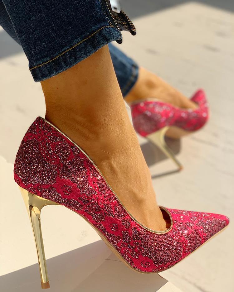 

Lace & Glitter Pointed Toe Thin Heels, Hot pink