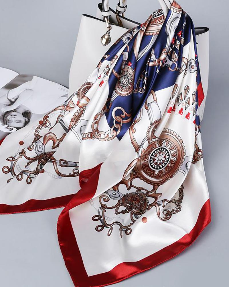 

Chain Graphic / Plaid / Floral Print Satin Square Silk Scarf, Blue