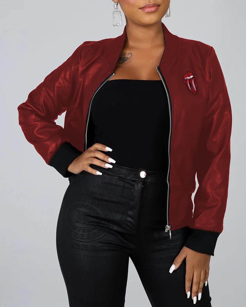 

Mouth Sequins Pattern Zipper Design Long Sleeve Coat, Wine red