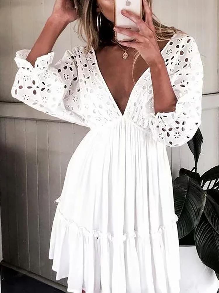 

Deep V Hollow Out Trim Open Back Dress, White