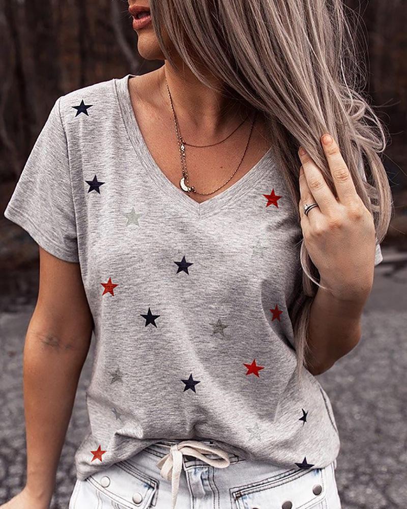 

Star Print V-neck Casual T-shirt, Gray