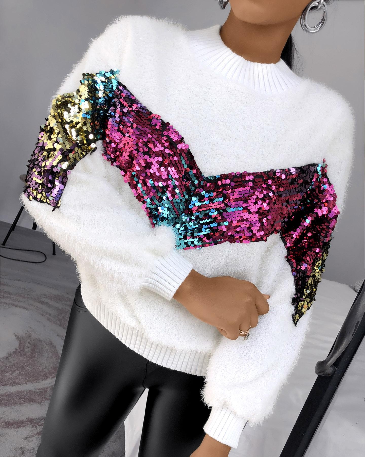 

Sequins Fluffu Lantern Sleeve Sweater, White