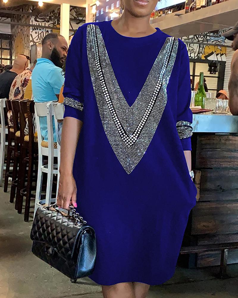 

Hot Stamping Round Neck Long Sleeve Dress, Blue