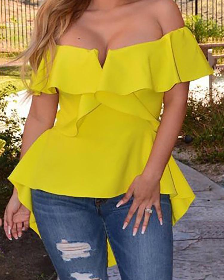 

Ruffle Off Shoulder Split Back Hi-Lo Hem Blouse, Yellow