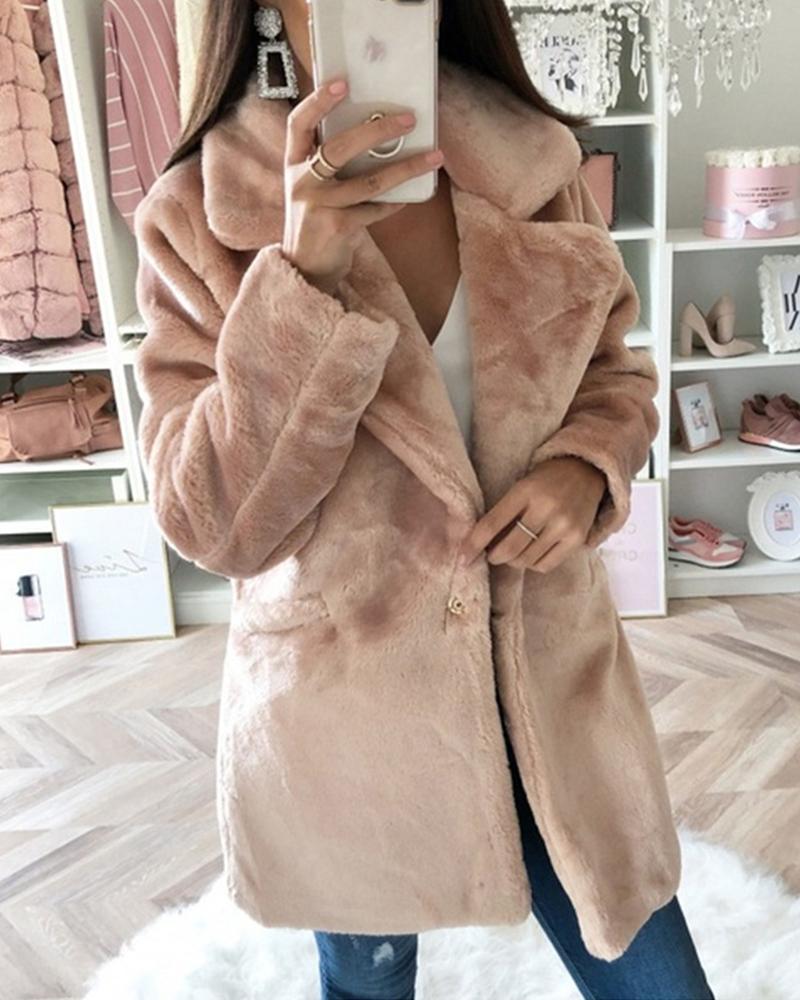 

Solid Faux Shearling Pocketed Coat, Khaki