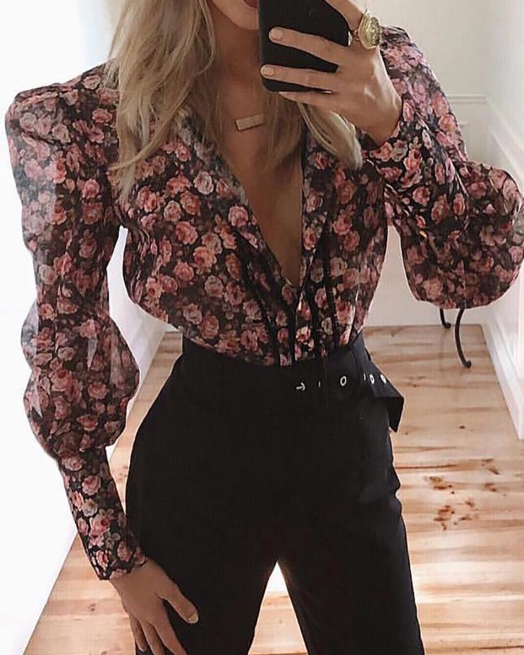 

Floral Print Plunge Puff Sleeve Bodysuit, Red