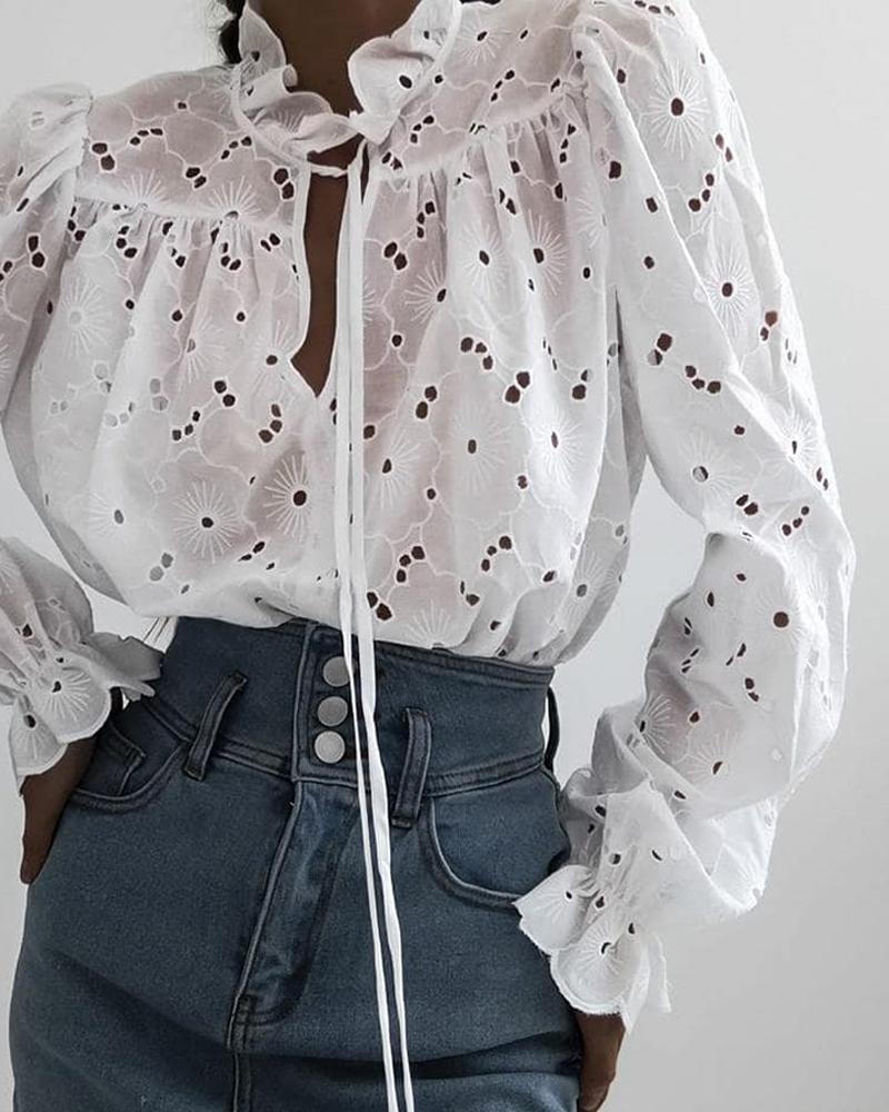 

Flowers Lace Hollow Out Ruffle Trim Blouse