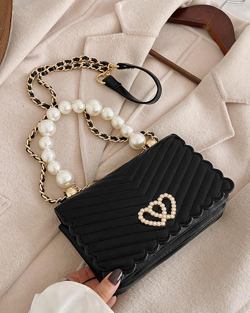 

Baisc Chevron Heart Pattern Beaded Chain Satchel Bag, Black