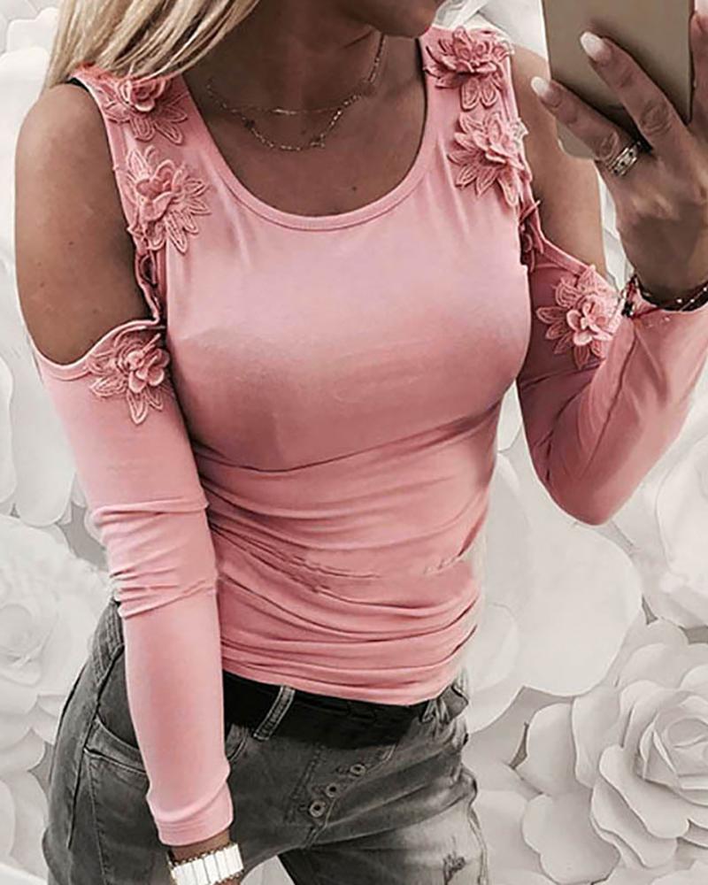 

Cold Shoulder Lace Applique T-Shirt, Pink