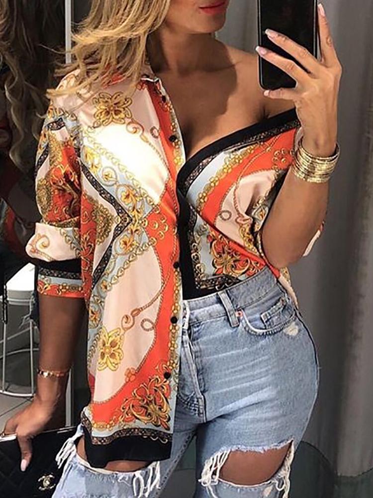 

Scarf Print Long Sleeve Casual Shirt, Multicolor