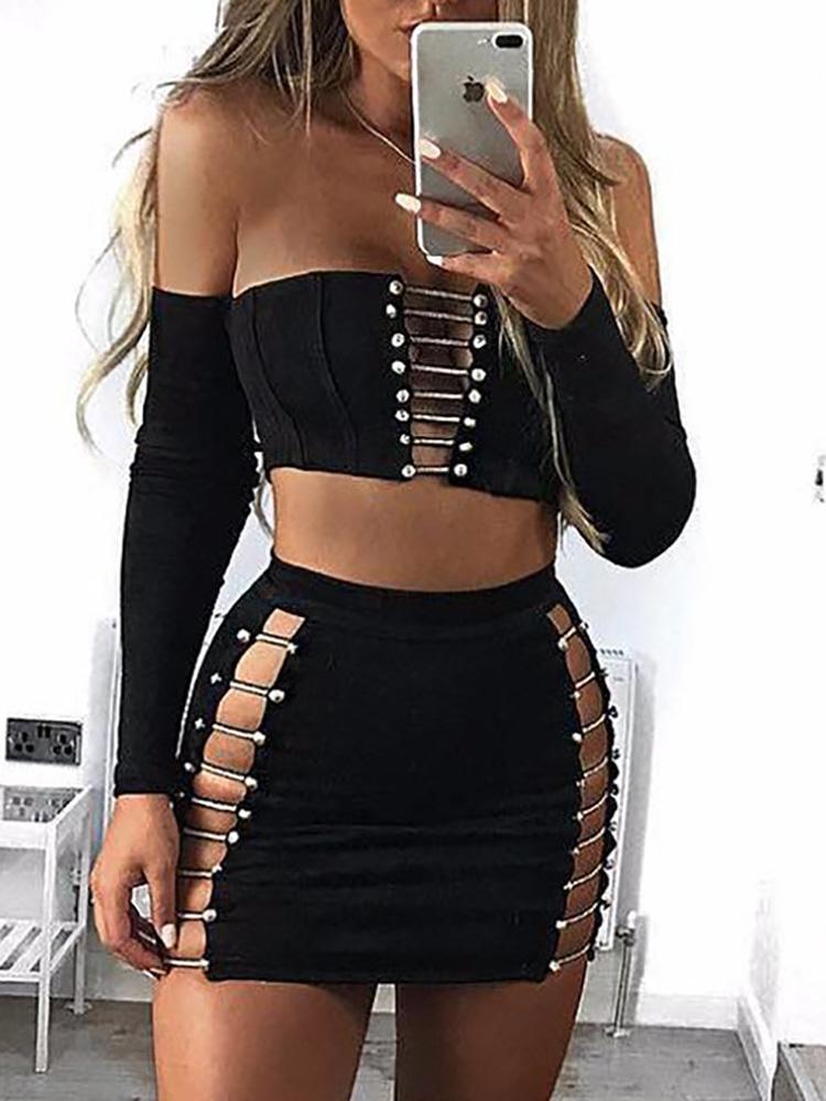 

Suede Ladder Cut Out Crop Top & Mini Skirt Sets