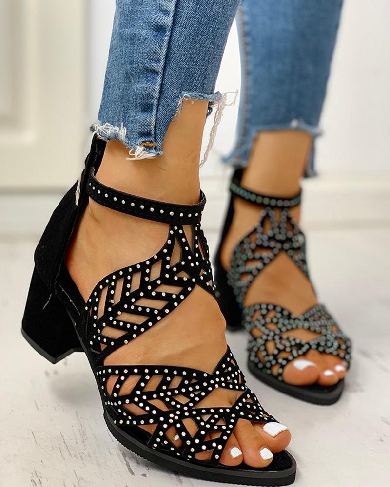

Studded Hollow Out Chunky Sandals, Black