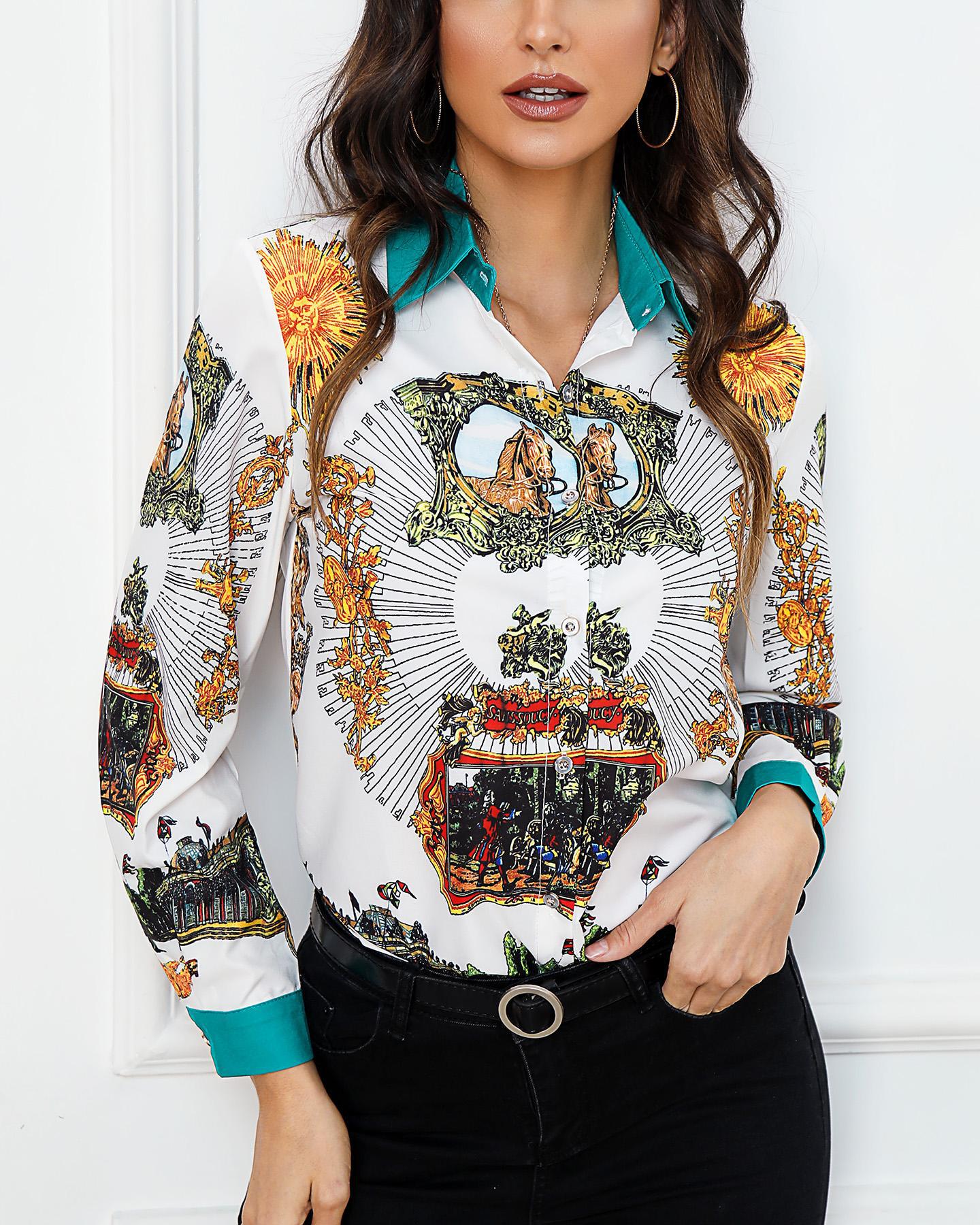 

Long Sleeve Totem Print Shirt, Multicolor