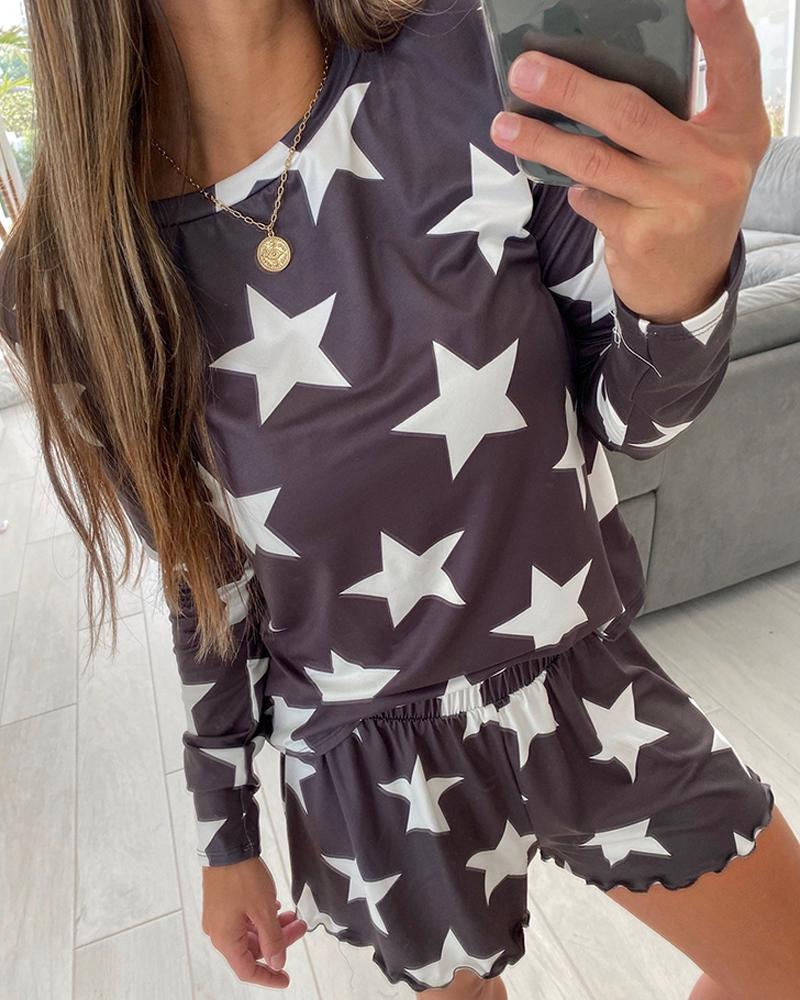 

Stars Print Long Sleeve Pajamas Set, Dark purple