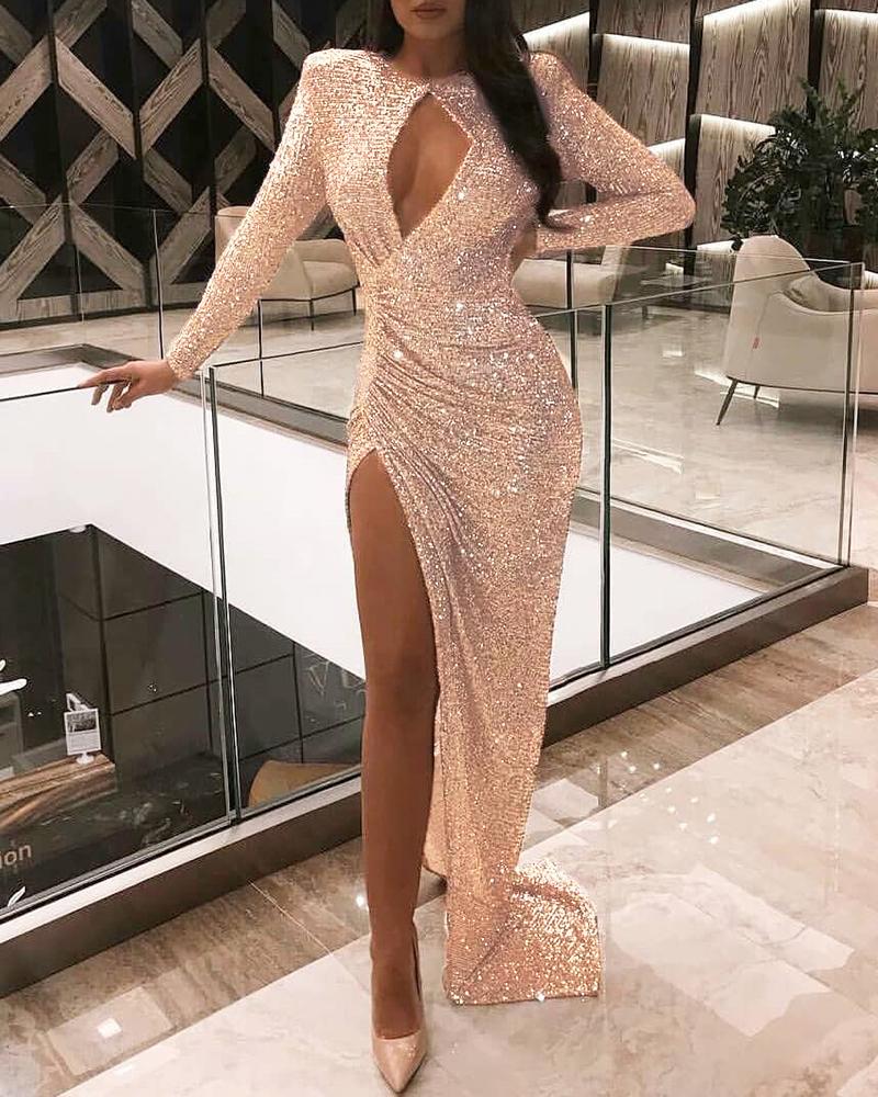 

Sequins Cut Out Chest High Slit Ruched Dress, Champagne