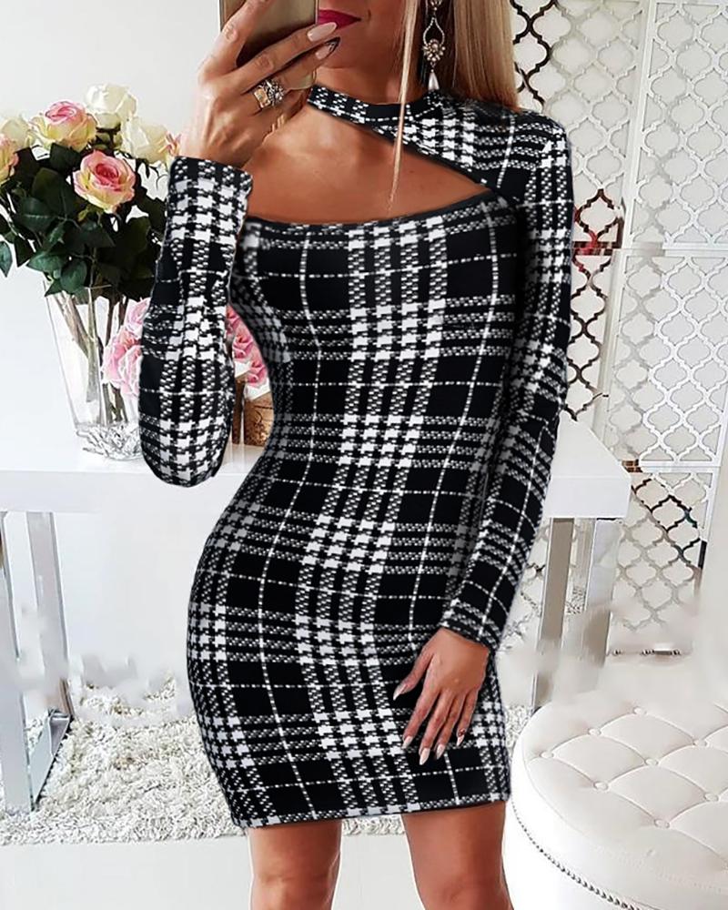 

Cutout Plaid Print Long Sleeve Bodycon Dress, Black&white