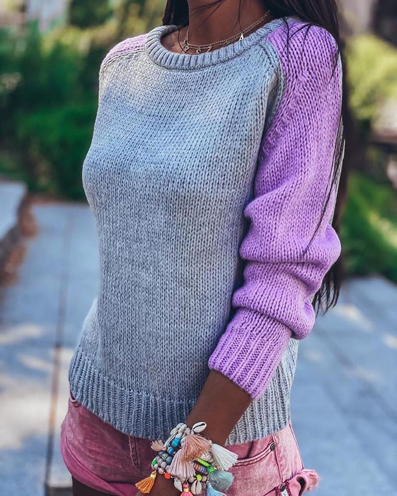 

Colorblock Long Sleeve Knit Casual Sweater, Purple