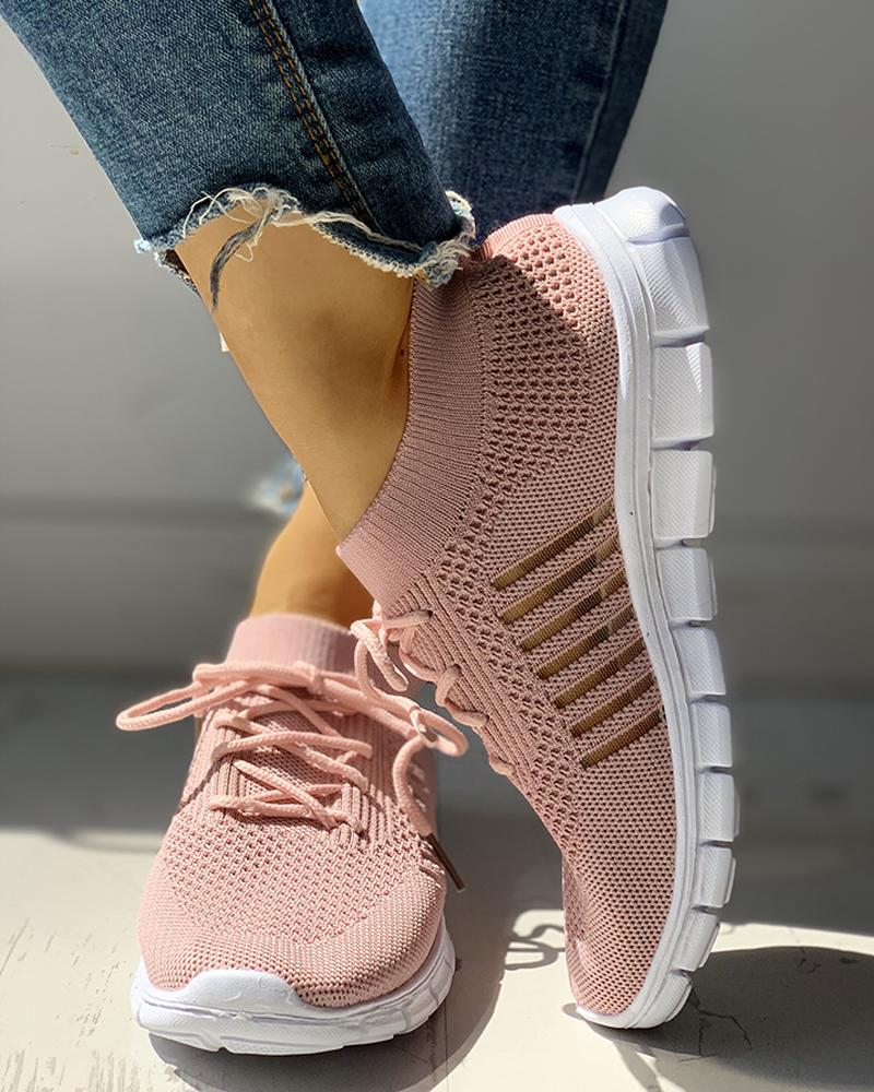 

Knitted Breathable Lace-Up Striped Sneakers, Pink