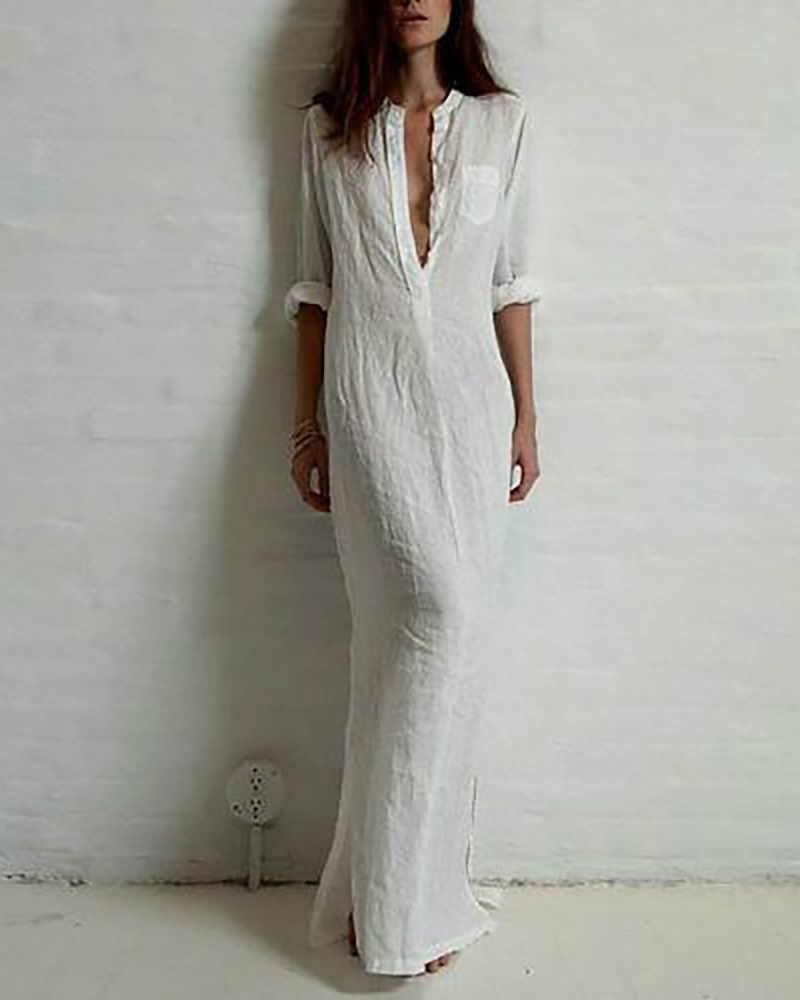 

Long Sleeve Deep V Split Maxi Dress, White