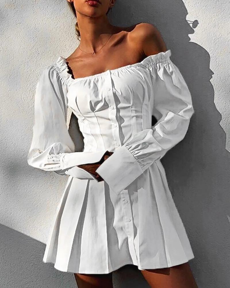

Solid Ruffles Detail Buttoned Ruched Shirt Dress, White
