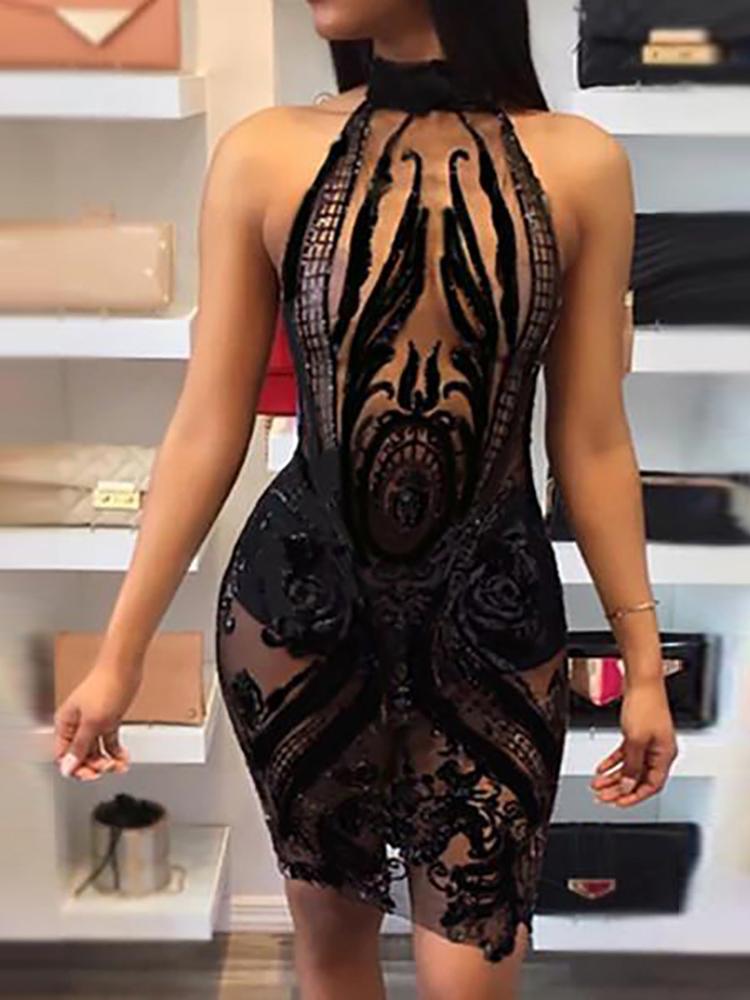 

Sheer Sequined Halter Bodycon Dress
