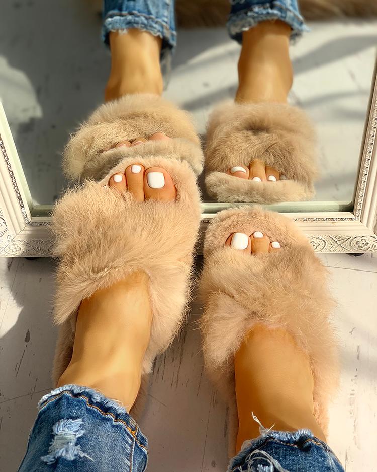 

Open Toe Fluffy Crisscross Slippers