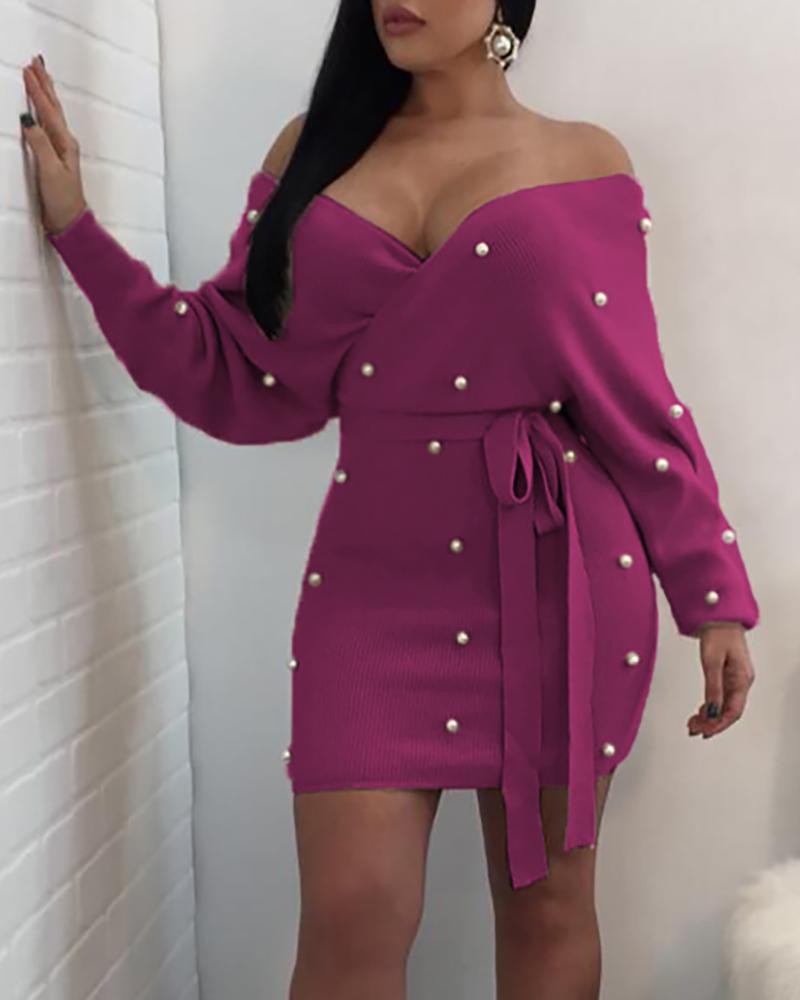 

V Neck Beaded Design Lantern Sleeve Bodycon Dress, Purple
