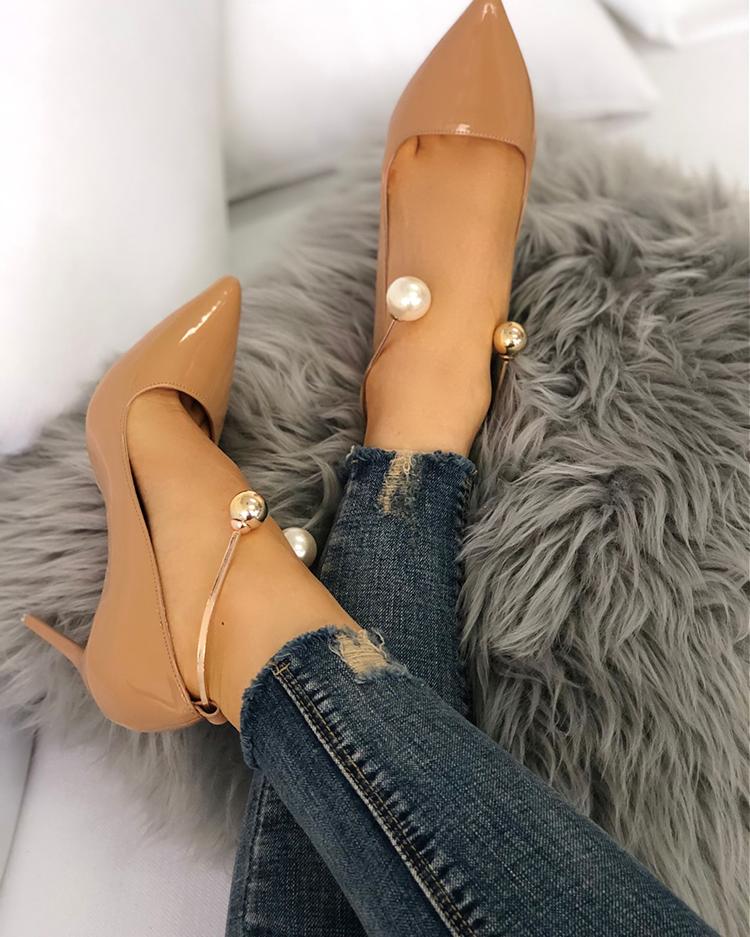 

Stylish Beading Decorated Pointed Toe Thin Pumps, Nude