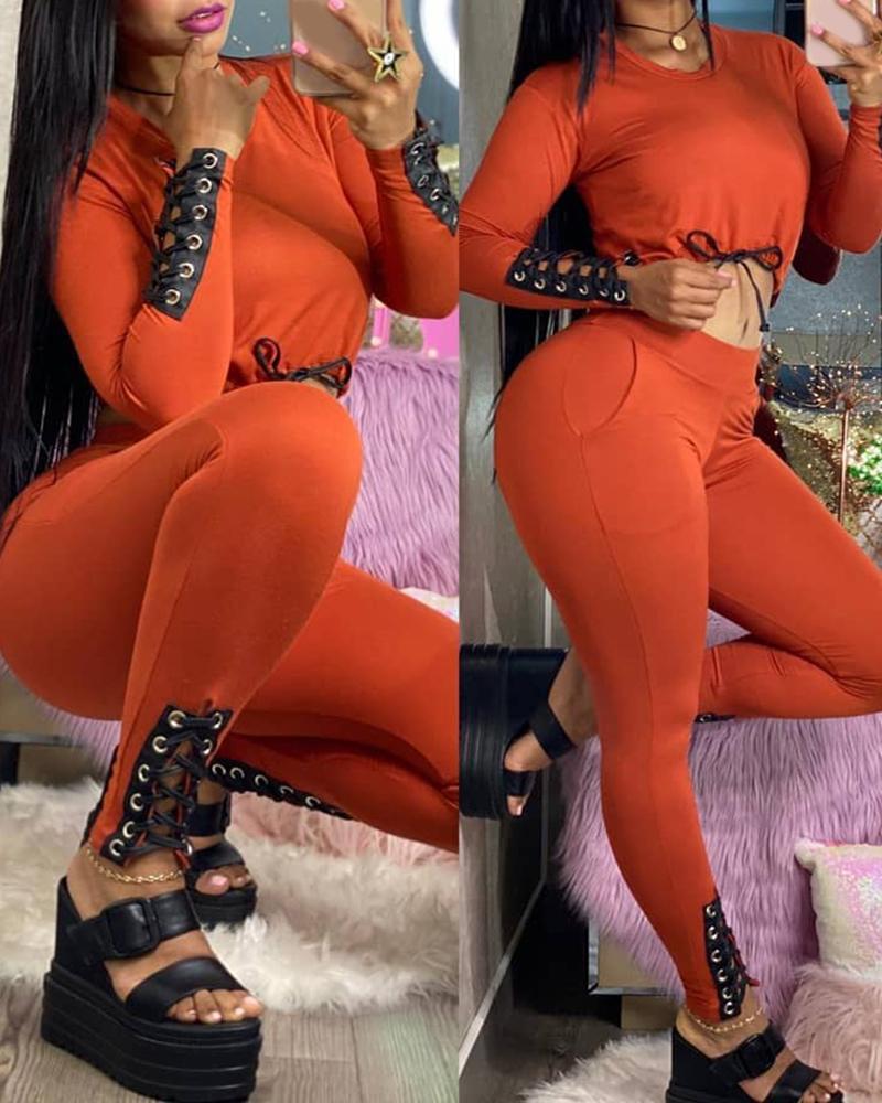 

Eyelet Lace Up Drawstring Crop Top & Pants Set, Orange