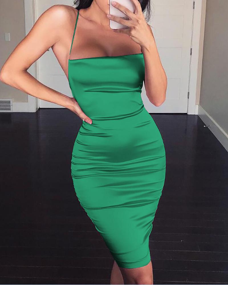 

Solid Spaghetti Strap Ruched Backless Dress, Green