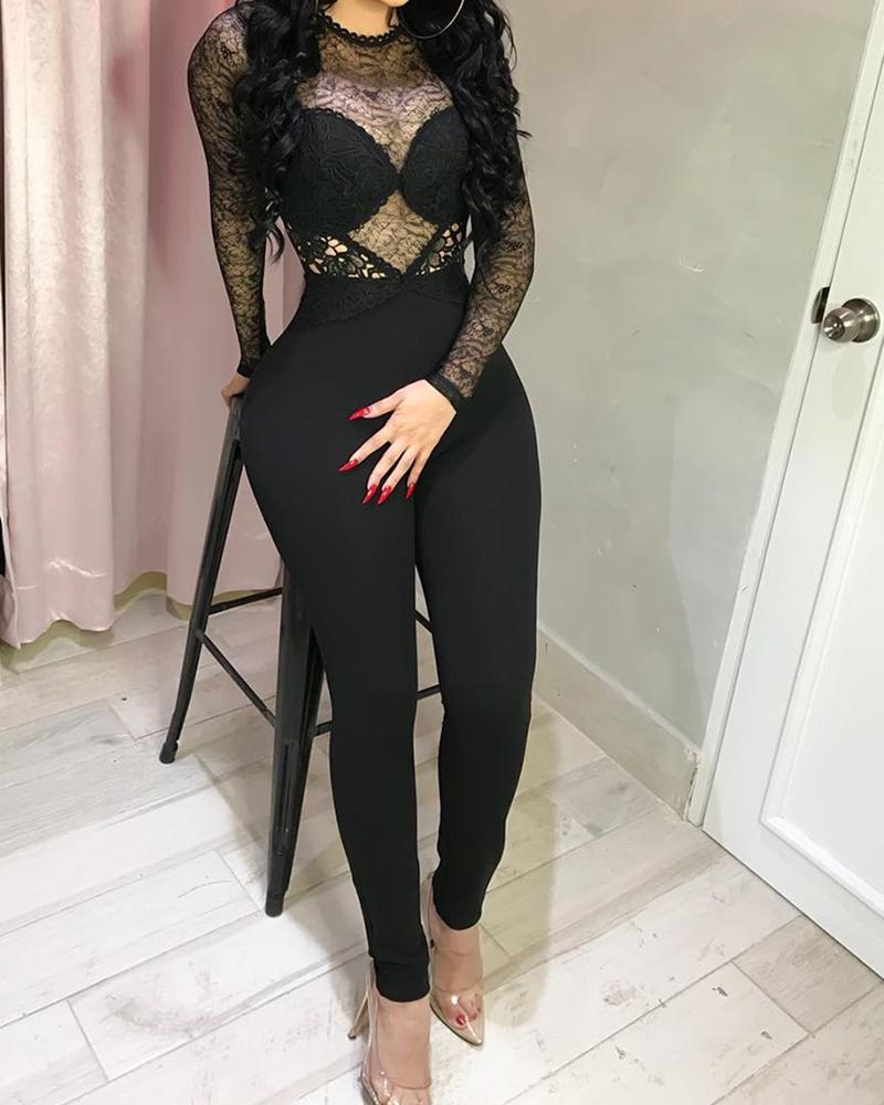

Sheer Lace Bodice Long Sleeve Jumpsuit, Black