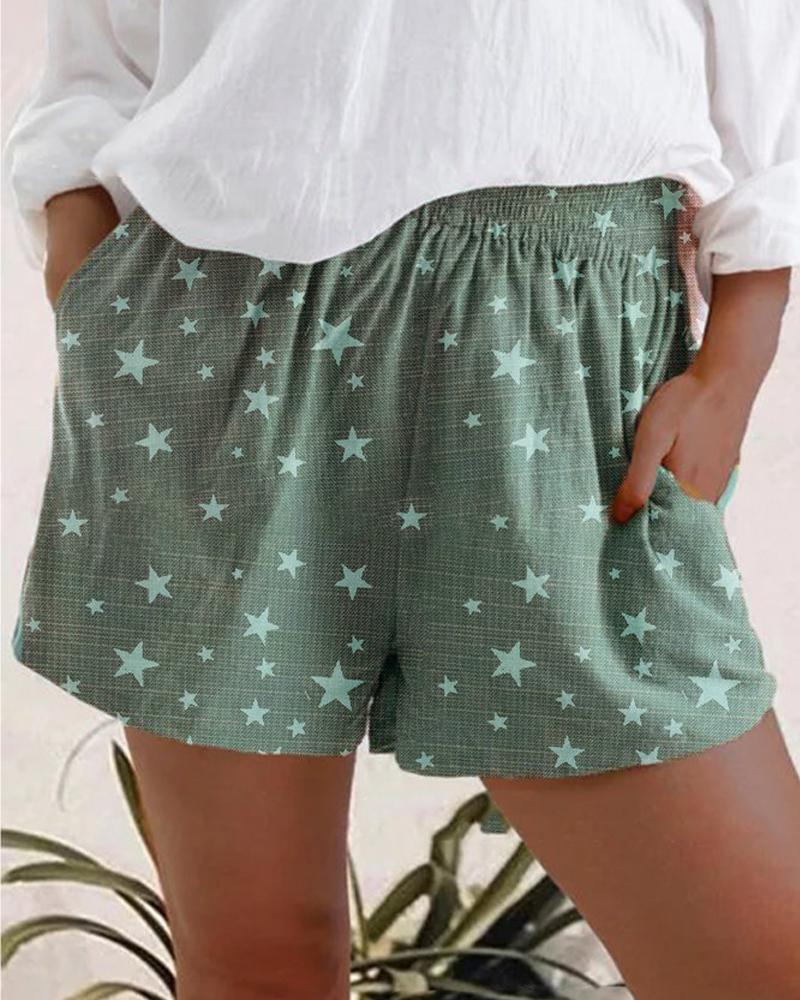 

Star Print Waistband Shorts, Green