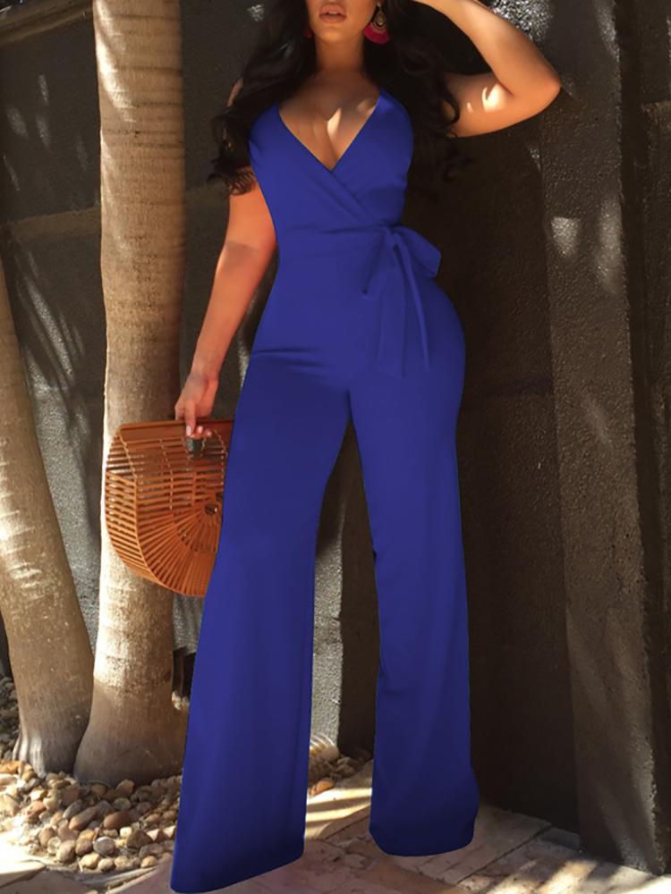 

Oversize Halter Backless Belted Deep V Wrap Jumpsuit, Dark blue
