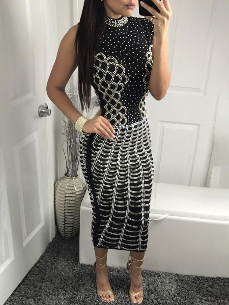 

Sexy Polka Dot Print Skinny Midi Bodycon Dress, Black