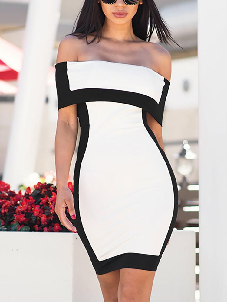 

Color Blocking Fold Over Off Shoulder Midi Dress, White