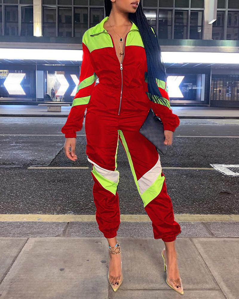

Colorblock Zipper Striped Jumpsuit, Red