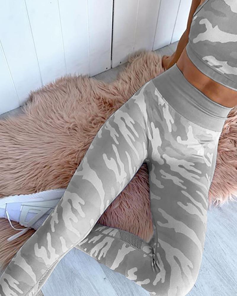 

High Waist Camouflage Sleeveless Mesh Sporty Set, Gray