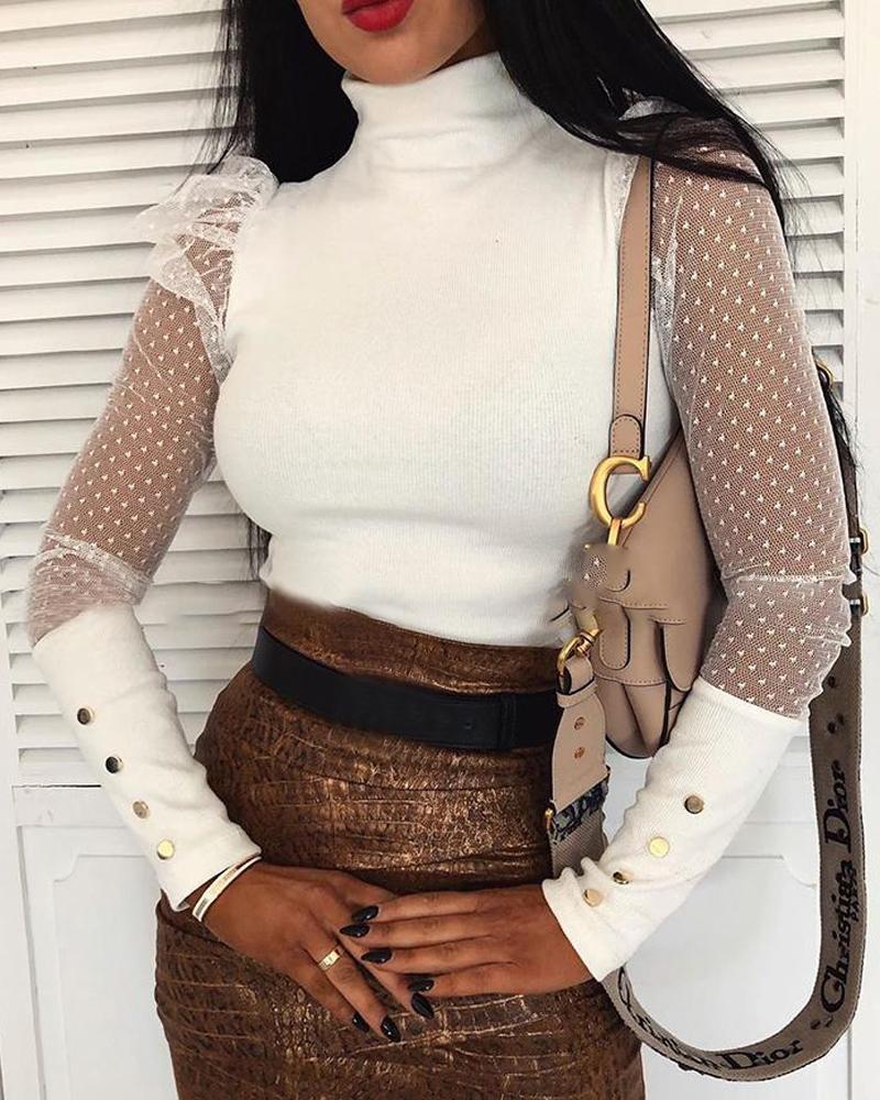 

High Neck Mesh Sleeve Top, White
