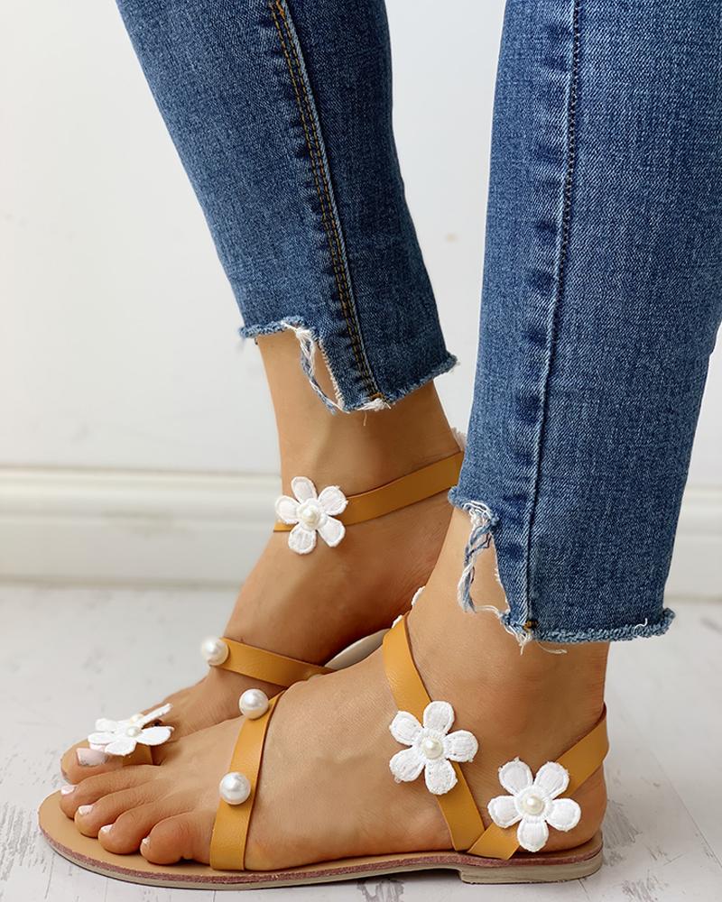 

Flower Embellished Toe Ring Beaded Flat Sandals, Yellow