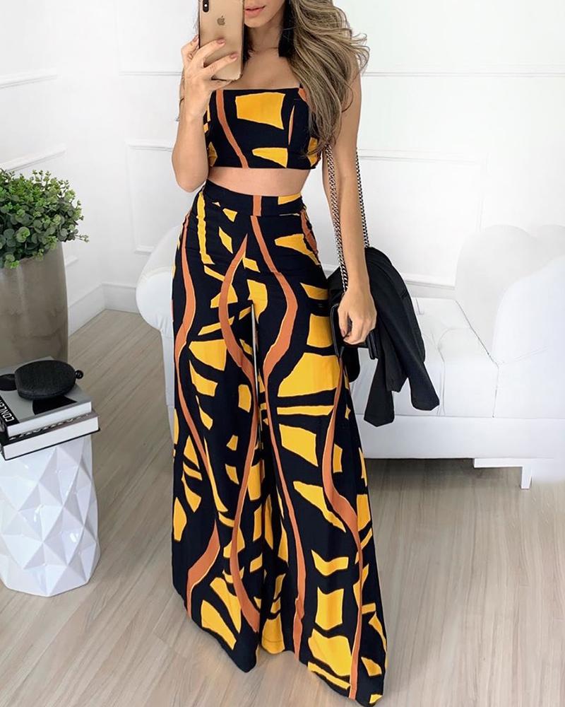 

Irregular Geo Print Top With Pants Set, Multicolor