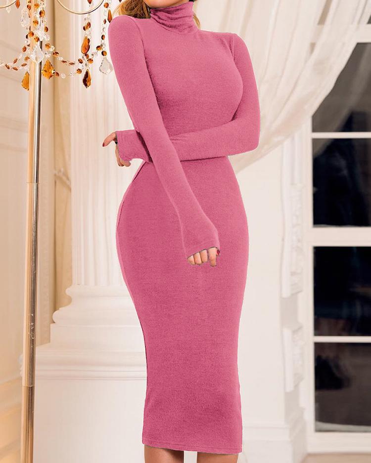 

Solid High Neck Long Sleeve Midi Dress, Pink