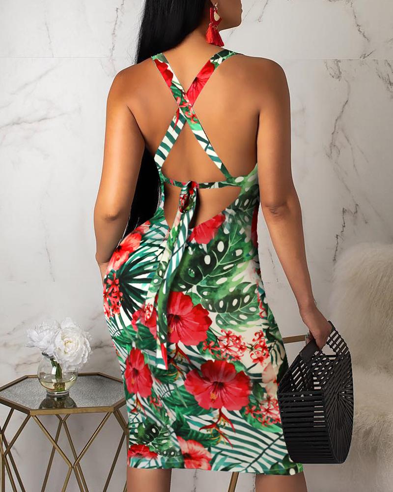 

Crisscross Back Tropical Print Bodycon Dress, Green