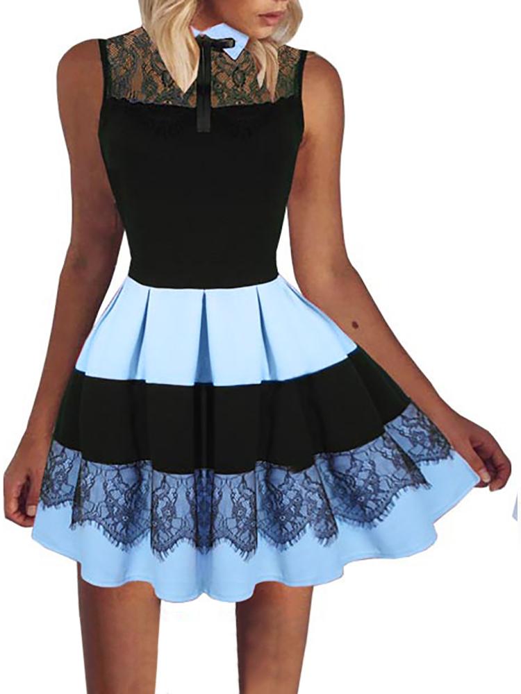 

Fashion Pleated Lace Bowknot Patchwork Mini Dress, Red;pink;blue