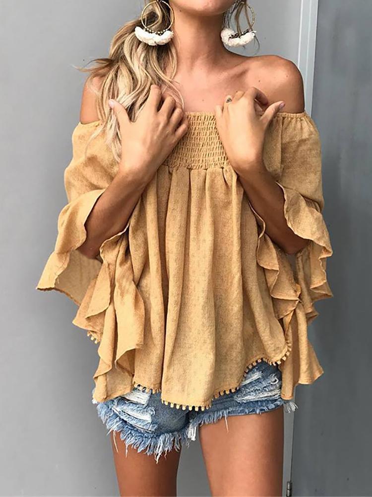 

Solid Shirring Off Shoulder Flare Sleeve Blouse, Yellow