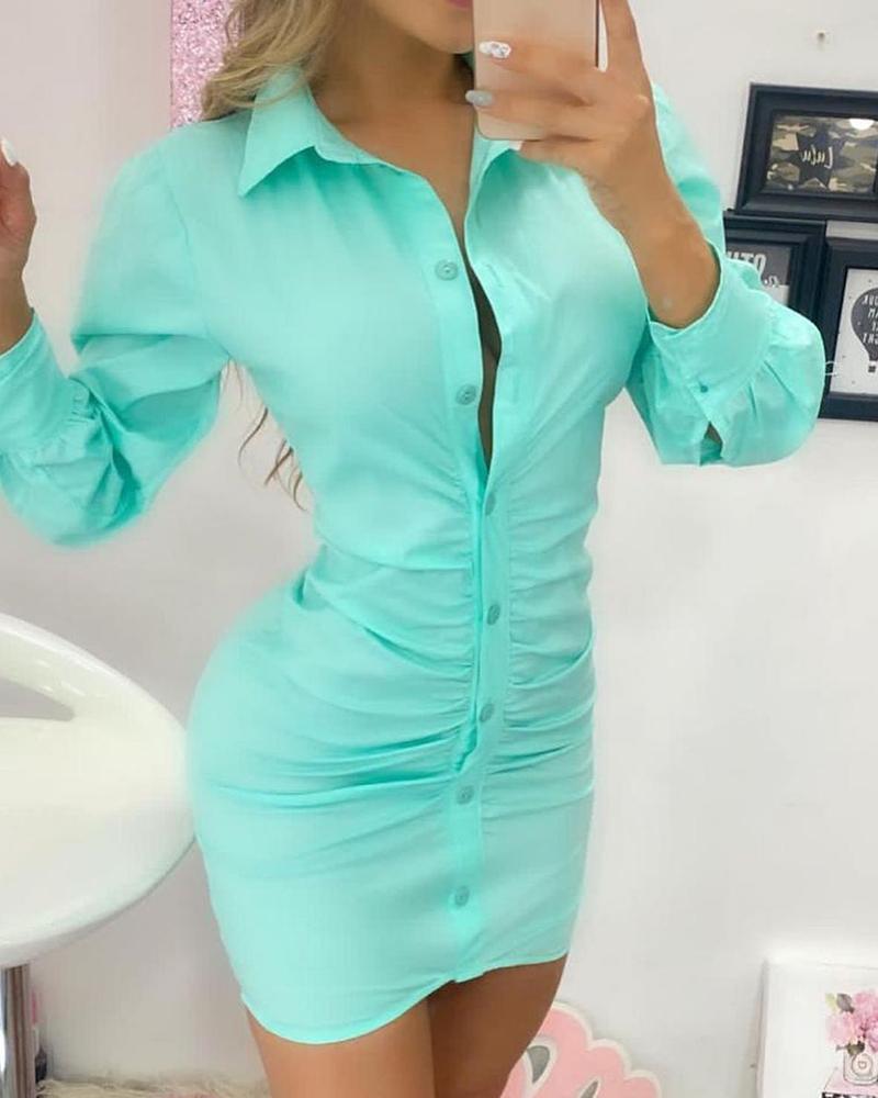 

Puff Sleeve Ruched Shirt Dress, Green