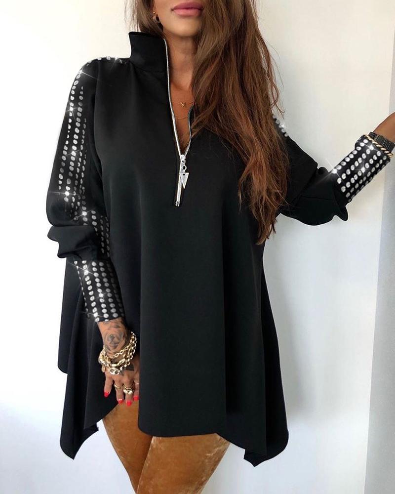 

Glitter Studded Zipper Front Casual Dress, Black